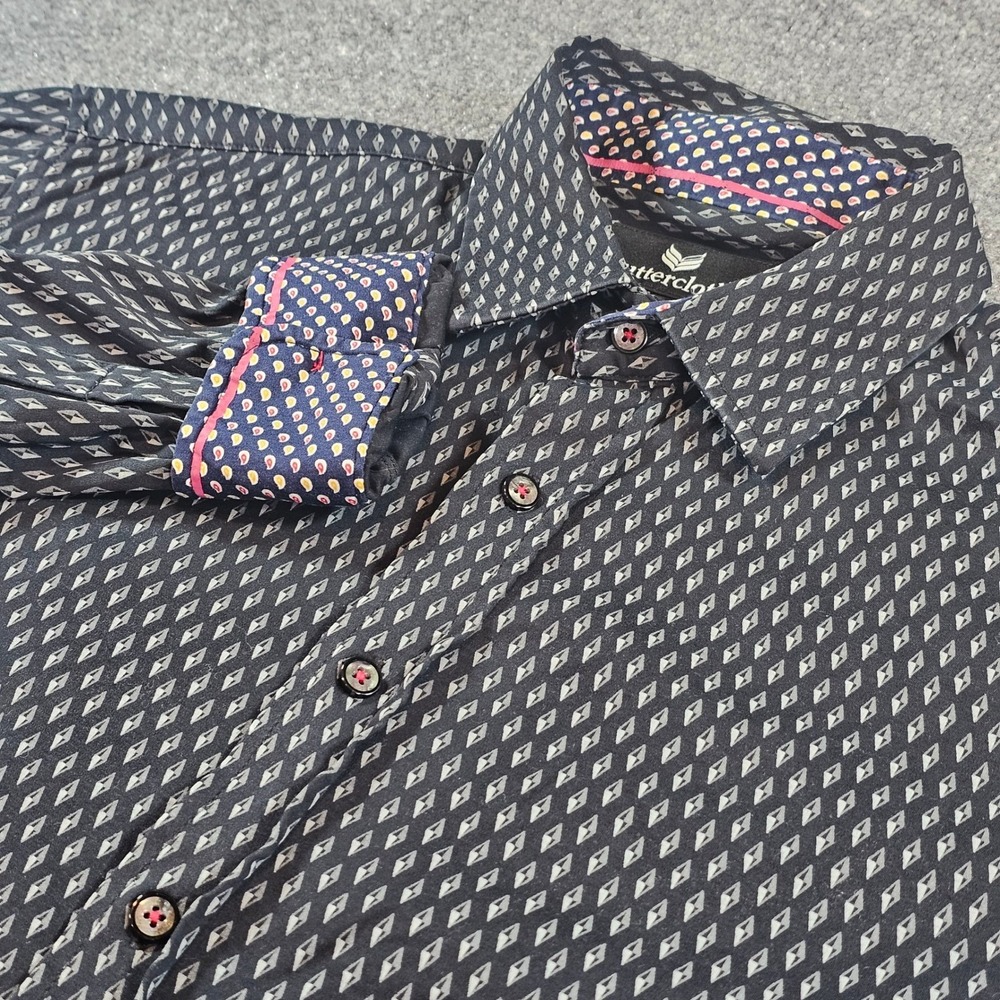 Buttercloth Mens Large Regular Fit Black Geometric Diamond Print Button Down